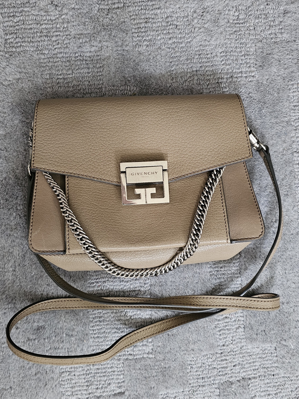 Givenchy Taupe Pebbled Leather Crossbody with Chain Accent